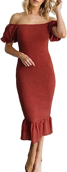 BerryGo Women's Smocked Bodycon Off Shoulder Puff Short Sleeve Mermaid Dress Ruffle Shirred Party... | Amazon (US)