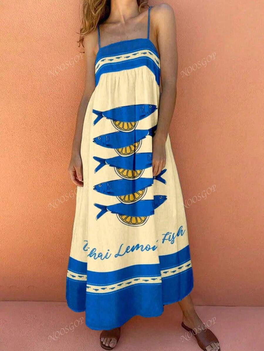 Spring Summer Full Body Print Sardine Lemon Slice Arrangement Pattern Bohemian Halter Dress Casua... | SHEIN