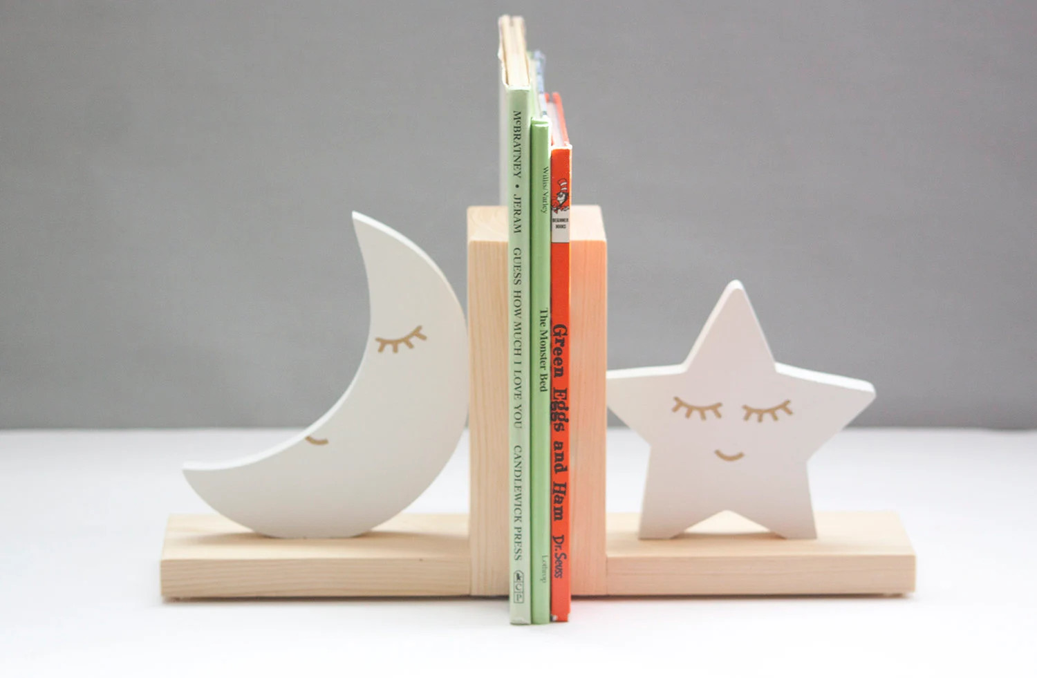 Star and Moon Non Skid Bookends, White with Natural Wood Bases, Nursery, Baby shower, Kids, Chris... | Etsy (US)