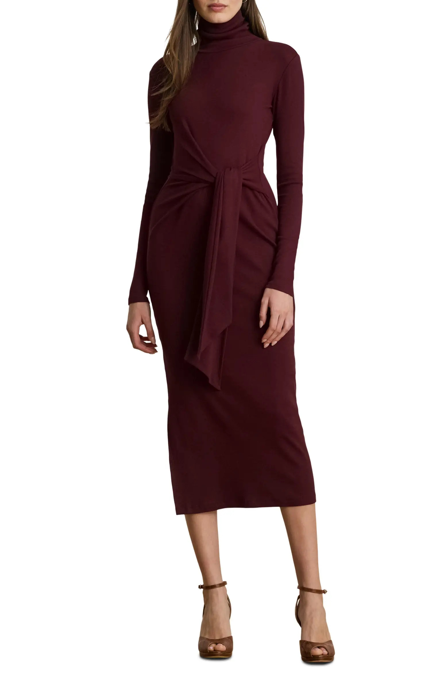 Lauren Ralph Lauren Long Sleeve Turtleneck Tie Front Dress | Nordstrom | Nordstrom