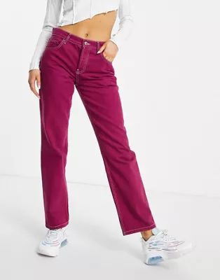 ASOS DESIGN low rise straight leg jean in maroon with contrast thread | ASOS (Global)
