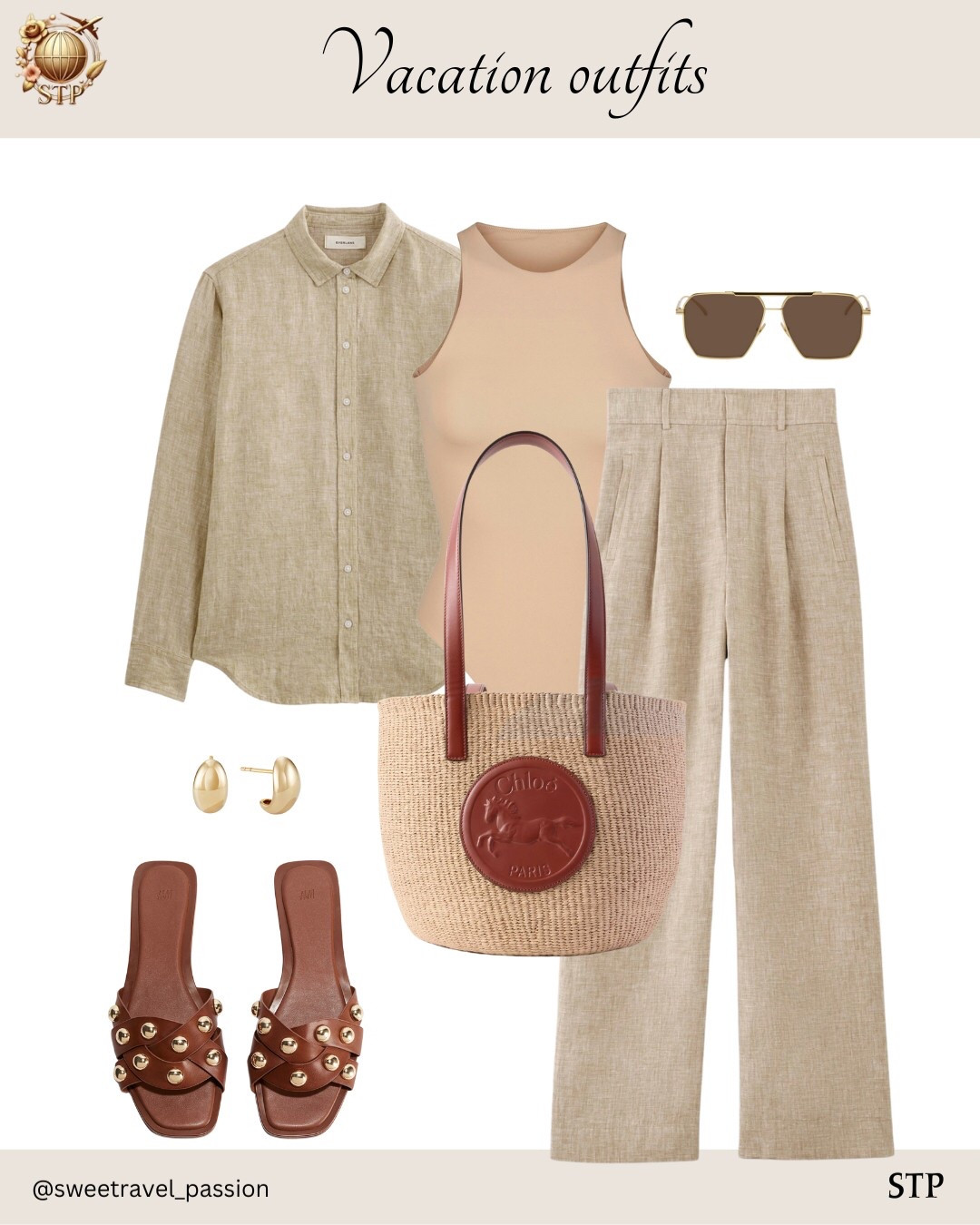 A matching linen set from Everlane with brown slide sandals, a skims bodysuit, and a raffia tote bag 🤎 Tags: neutral aesthetic, linen shirt, linen trousers, beach bag, new-in H&M sandals ,vacation outfits ,summer outfits 

#LTKTravel #LTKItBag #LTKStyleTip