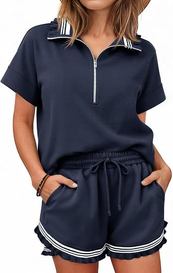Aoysky Womens 2 Piece Short Sets Summer Half Zip Ruffle Tops | Sweatsuit, Casual Tracksuits, Matc... | Amazon (US)