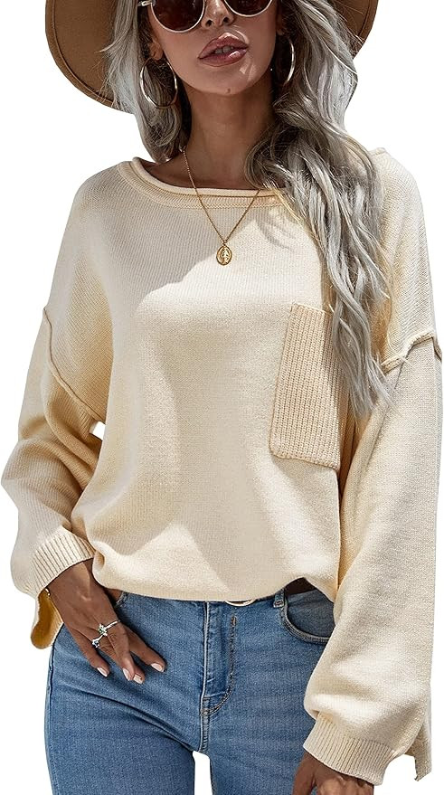ECOWISH Women Sweater Long Sleeve Color Block Knit Pullover Sweaters Crew Neck Patchwork Casual L... | Amazon (US)