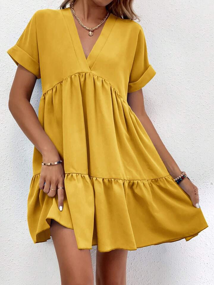 SHEIN LUNE Women Summer Solid Color V-Neck Short Sleeve Doll Dress With Ruffled Hem | SHEIN