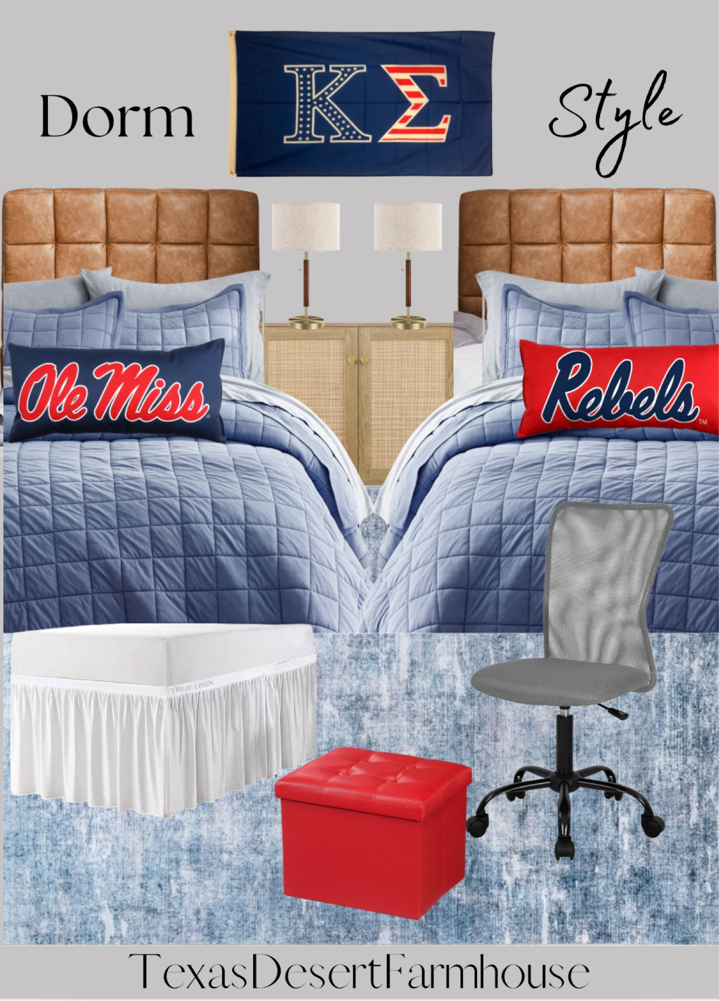 Ole Miss Rebels Dorm Inspiration

#rebels #olemiss #headboard #bedskirt #deskchair #tablelamp #dorm #dormitory #dormheadboard #twinxlbedding #twinxl #leatherheadboard #collegebound #dormstyle #bedroom #bedding 

Twin XL Size 3 Piece Sheet Set - Comfy Breathable & Cooling Sheets - Hotel Luxury Bed Sheets for Women & Men - Deep Pockets, Easy-Fit, Soft & Wrinkle Free Sheets - Navy Blue Oeko-Tex Bed Sheet Set

Kappa Sigma USA Letter Fraternity Flag 3' x 5' Kappa Sig

College Covers Solid Color Bolster Travel Pillow, 1 Count (Pack of 1), Ole Miss Rebels

AmasSmile® Storage Ottoman Folding Foot Rest Stool, 17 inch Leather Footstool Bench, Short Ottoman Stool, Storage Foot Rest Store, Books, Records Support 330 lbs, red

Cottington Lane Extended Dorm Sized Bed Skirt Panel - Ruffled Dorm Sized Bed Skirt - Dust Ruffled Bed Skirts 42 inch Tailored Drop - White Dorm Room Bedskirts - College Dorm Bed Skirt

College Flags & Banners Co. Ole Miss Powder Blue Hotty Toddy Flag

#LTKStyleTip #LTKBacktoSchool #LTKU