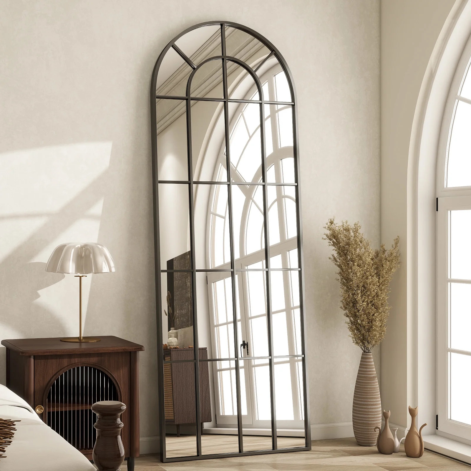 BEAUTYPEAK 65"x 23" Arched Full Length Windowpane Mirror Wall-Decor Mirror,Black | Walmart (US)