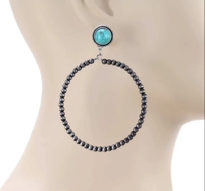 1 3/4" Turquoise Hoops Turquoise Earrings Navajo Style Pearl Hoops Western Boho Hoops | Etsy (US)