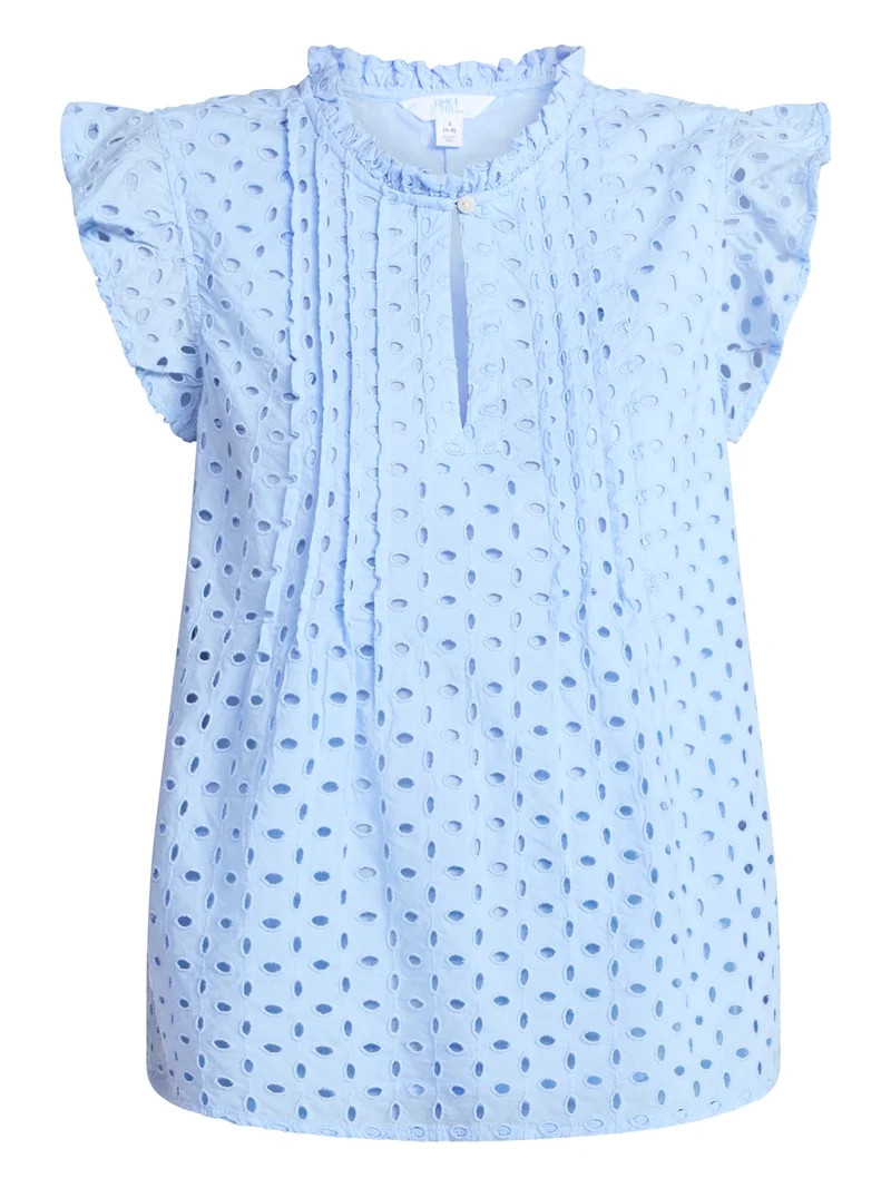 Time and Tru Women's Cotton Eyelet Top with Short Flutter Sleeves, Sizes XS-XXXL | Walmart (US)