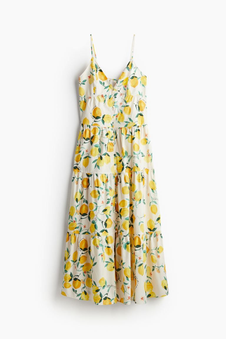 Tiered Strappy Dress - V-neck - Sleeveless - Cream/lemons - Ladies | H&M US | H&M (US + CA)