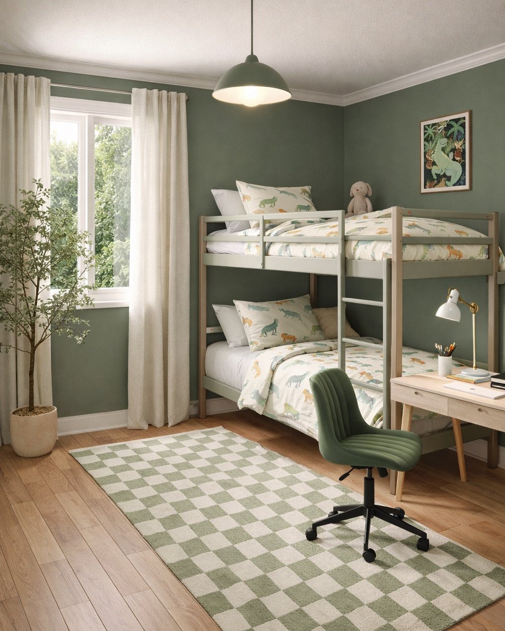 Dinosaur-inspired boys’ room. I love the affordable green bunk bed, checkered rug, elegant white desk and green desk chair, neutral curtains, dinosaur wall art and bedding. #boysroom #homedecor

#LTKHome #LTKSeasonal #LTKKids