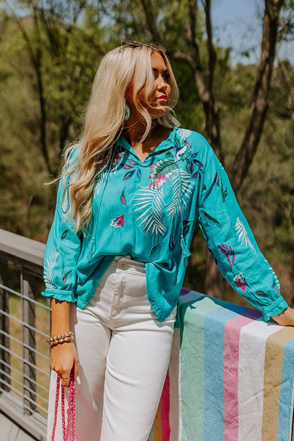 Spotted In Santorini Embroidered Shift Top In Turquoise | Impressions Online Boutique
