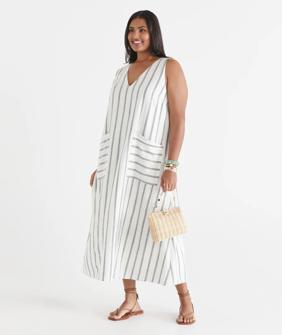 V Neck Stripe Sleeveless Midi Dress | Sussan