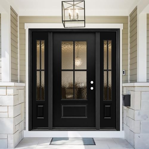 Exterior Fiberglass Front Door 68x80in, Left-Hand Inswing Black Entry Door with 14'' sidelites, T... | Amazon (US)
