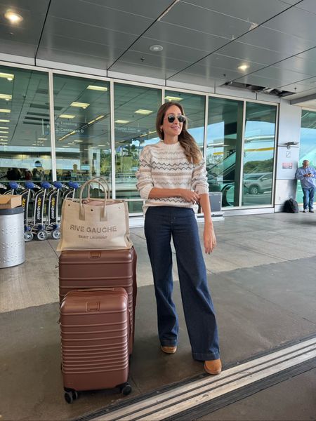 Travel outfit, Airport outfits that is super comfortable and stylish. These jeans are very stretchy and comfortable, the sweater is so pretty and cozy. Love my Beis luggage it’s very spacious and beautiful. 

#LTKtravel #LTKstyletip #LTKU