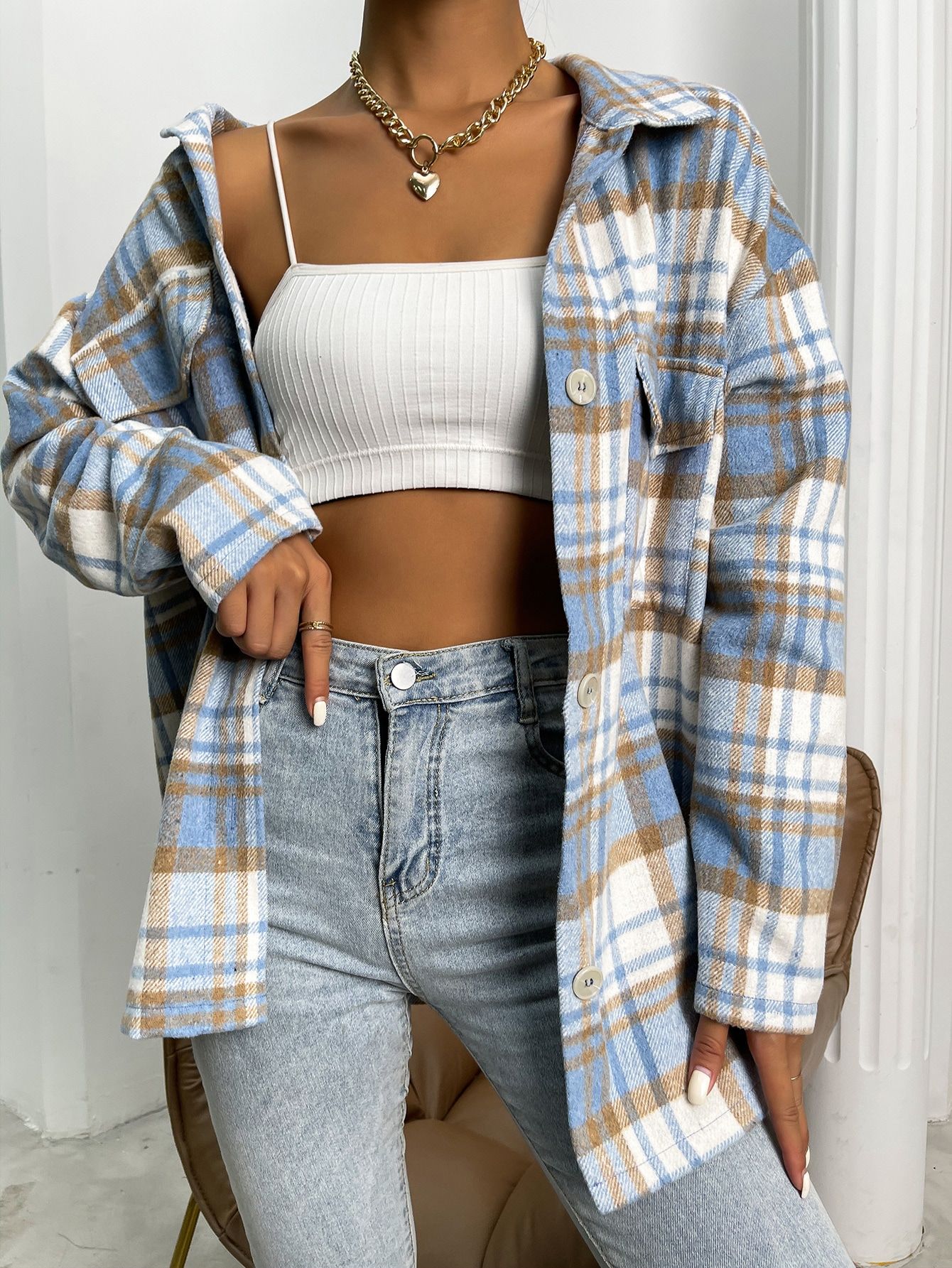 Plaid Flap Pocket Drop Shoulder Overcoat | SHEIN