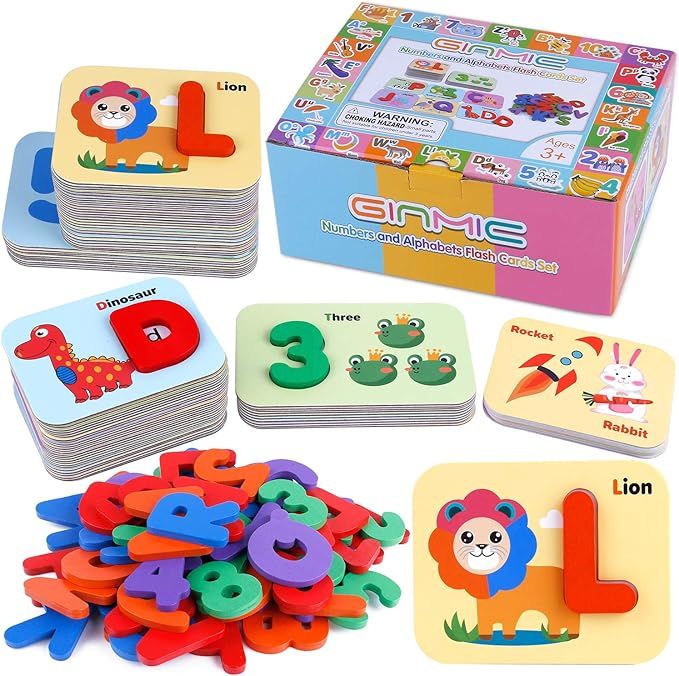 GINMIC Alphabets and Number Flash Card Wooden ABC Letters Puzzle Animal Flashcards Set, Matching ... | Amazon (US)