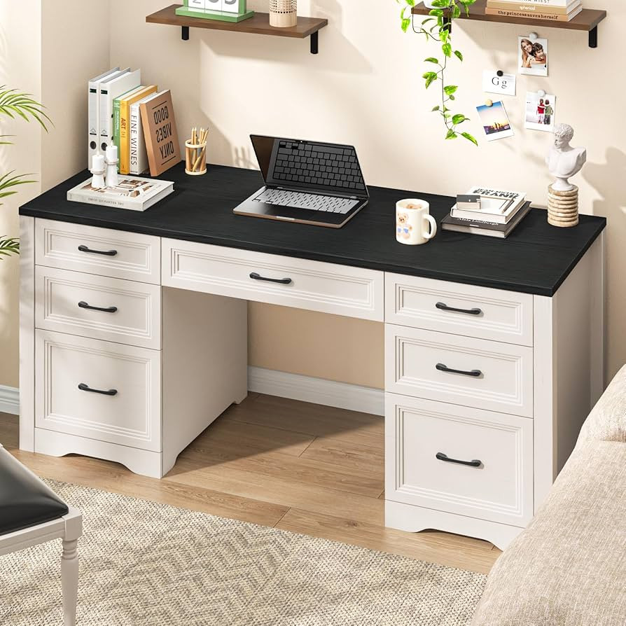 Vabches Farmhouse Executive Desk, Wood Home Office Desk with 2 Large File Drawers and 5 Storage C... | Amazon (US)