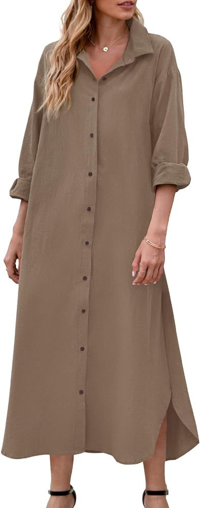 Fasumava Women's Cotton Linen Shirt Dress Long Sleeve Casual Loose Maxi Dresses with Pockets | Amazon (US)