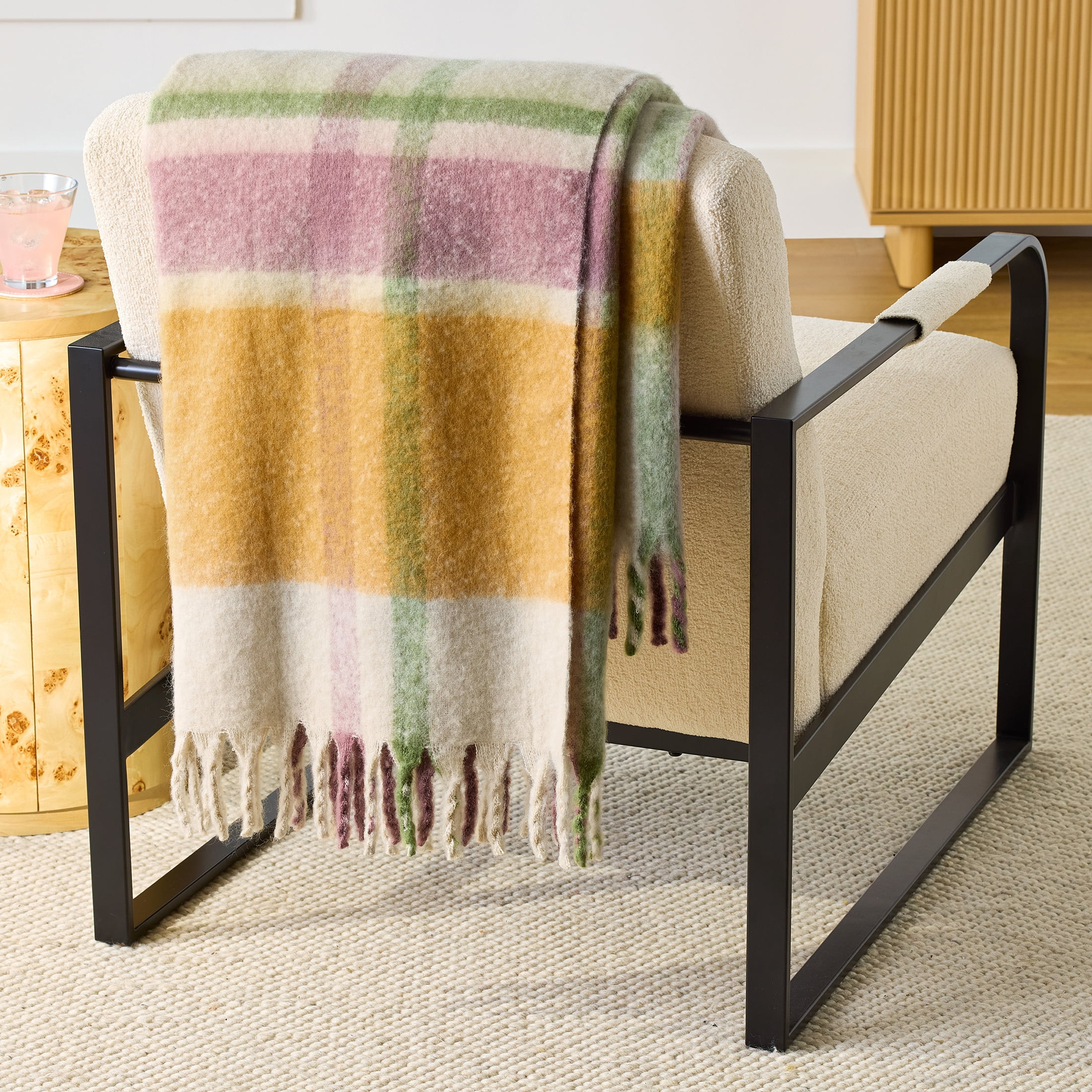 Better Homes & Gardens Faux Mohair Cozy Couch Throw Blanket Beige Plaid, 50x72" | Walmart (US)