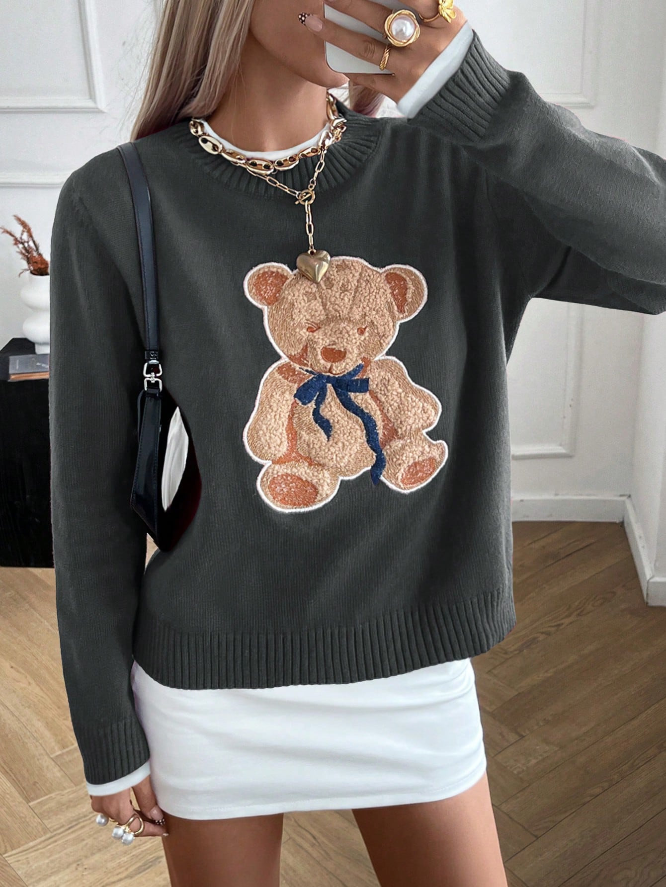 Women's Casual Cartoon Bear Ribbed Crew Neck Knit Long Sleeve Sweater, Suitable For Autumn/Winter | SHEIN