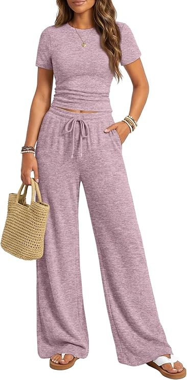 Trendy Queen Womens 2 Piece Lounge Matching Sets Wide Leg Pants Crew Neck Short Sleeve Shirt Swea... | Amazon (US)