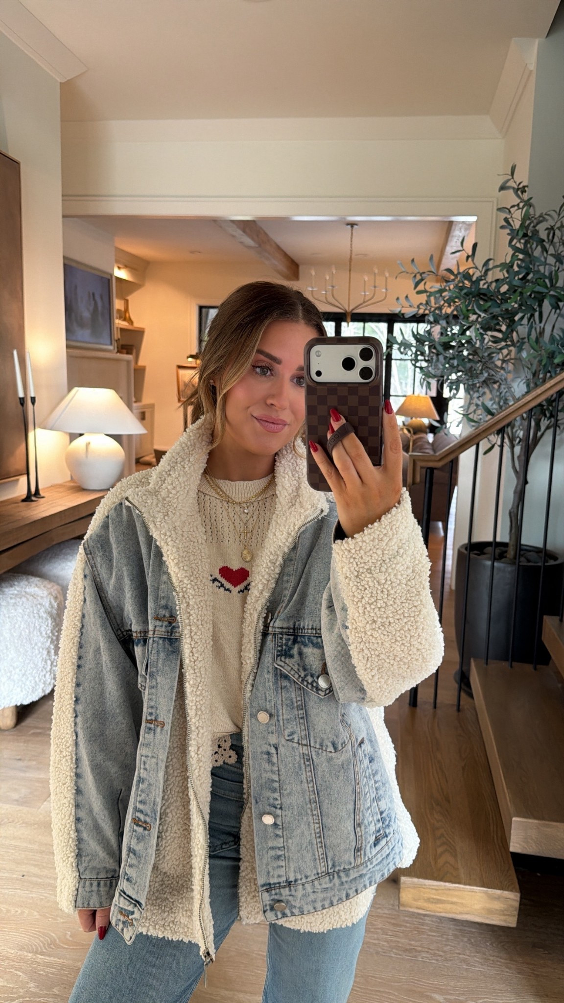 My recent Anthropologie order! Wearing a small in this festive sweater, small in denim/sherpa jacket (runs big), & 25 petite in jeans. Jelly flats run tts

#LTKSeasonal #LTKootd #LTKPetite