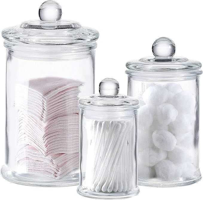 Glass Apothecary Jars with Lids - Set of 3 - Small Glass Jars for Bathroom Storage / Qtip Holder ... | Amazon (US)