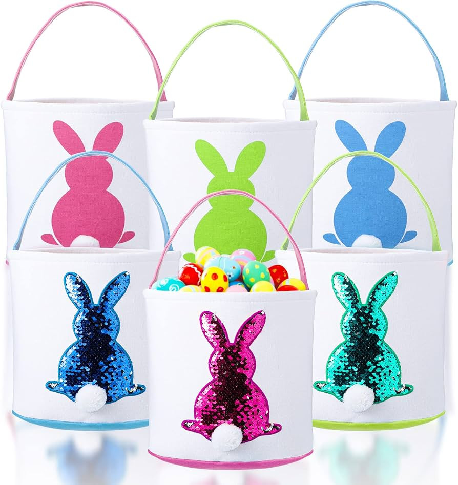 6 Pieces Easter Bunny Basket Bags for Kids Canvas Easter Eggs Hunt Basket with Handle Gifts Bags ... | Amazon (US)