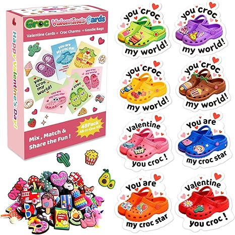 JX 48 Pack Valentines Day Cards for Kids Classroom，Valentine's Cards with 96 Unique Shoe Charms... | Amazon (US)