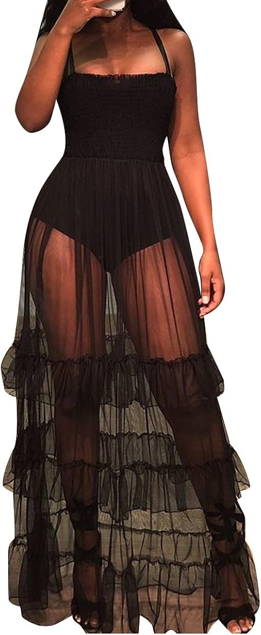 Ophestin Women Sleeveless Strap Tunic Bodysuits with Mesh Sheer Flowy Ruffle Long Maxi Dress | Amazon (US)