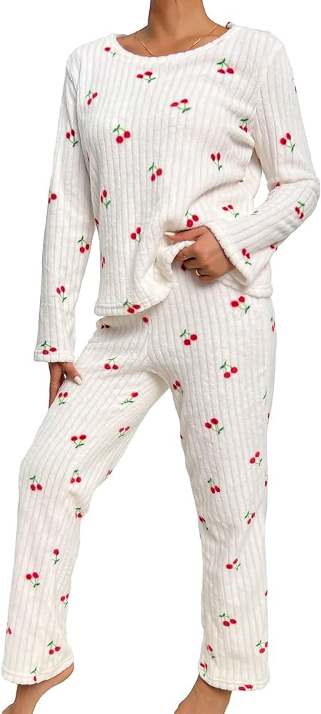 WDIRARA Women's Sleepwear Cherry Print Round Neck Long Sleeve Tee and Pants Pajama Set | Amazon (US)