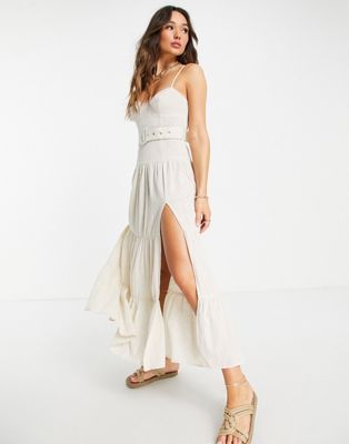 ASOS DESIGN tiered belted maxi sundress in natural crinkle in stone | ASOS (Global)