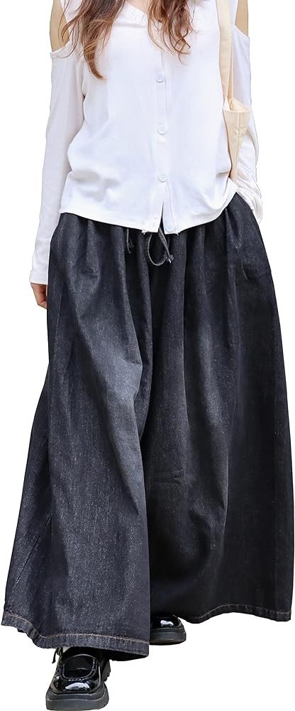 Extra Wide Leg Denim Pants for Women Long Jeans Elastic Waist with Pockets Plus Size Loose Casual | Amazon (US)