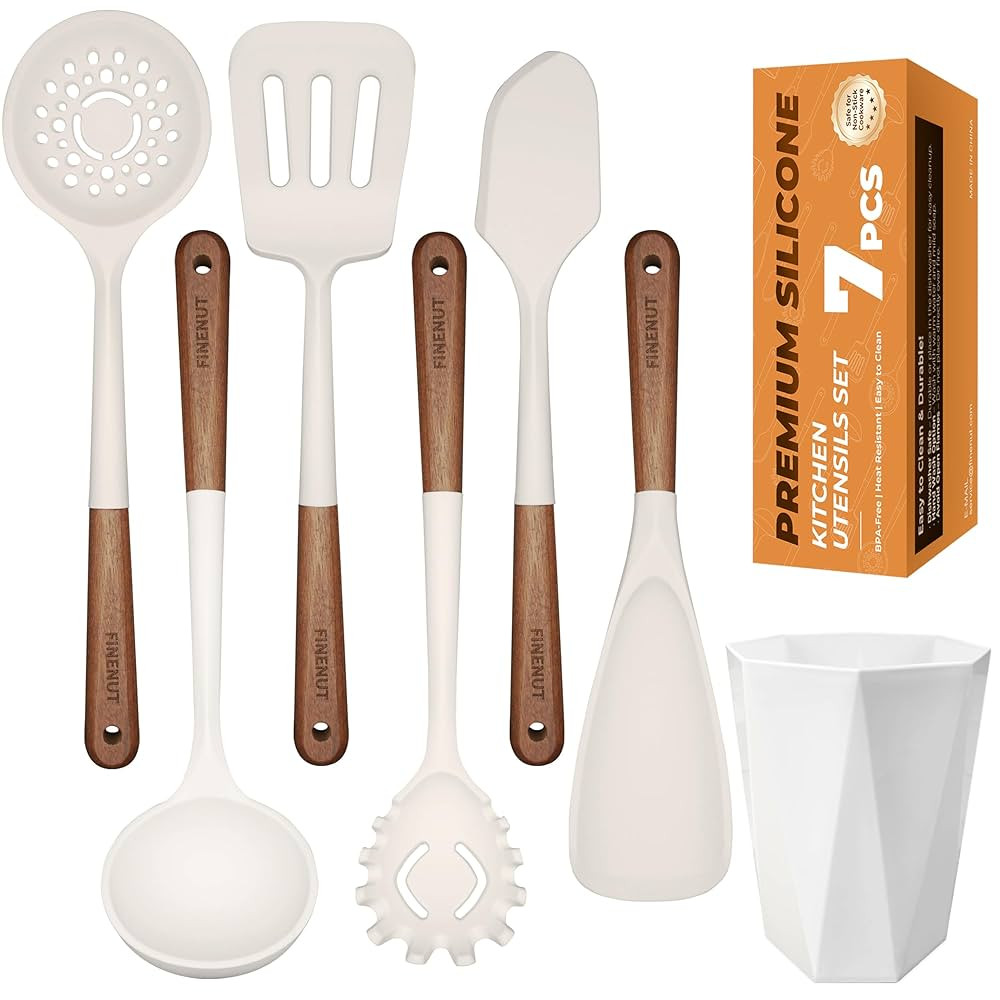 Silicone Cooking Utensils Set 7PCS - BPA-Free & Non-Toxic 446°F Heat Resistant, Walnut Wooden Ha... | Amazon (US)