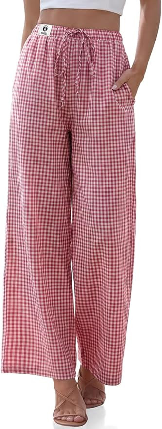 TARSE Womens Linen Striped Gingham Wide Leg Pants Palazzo Drawstring Lounge Pants Casual Trousers... | Amazon (US)