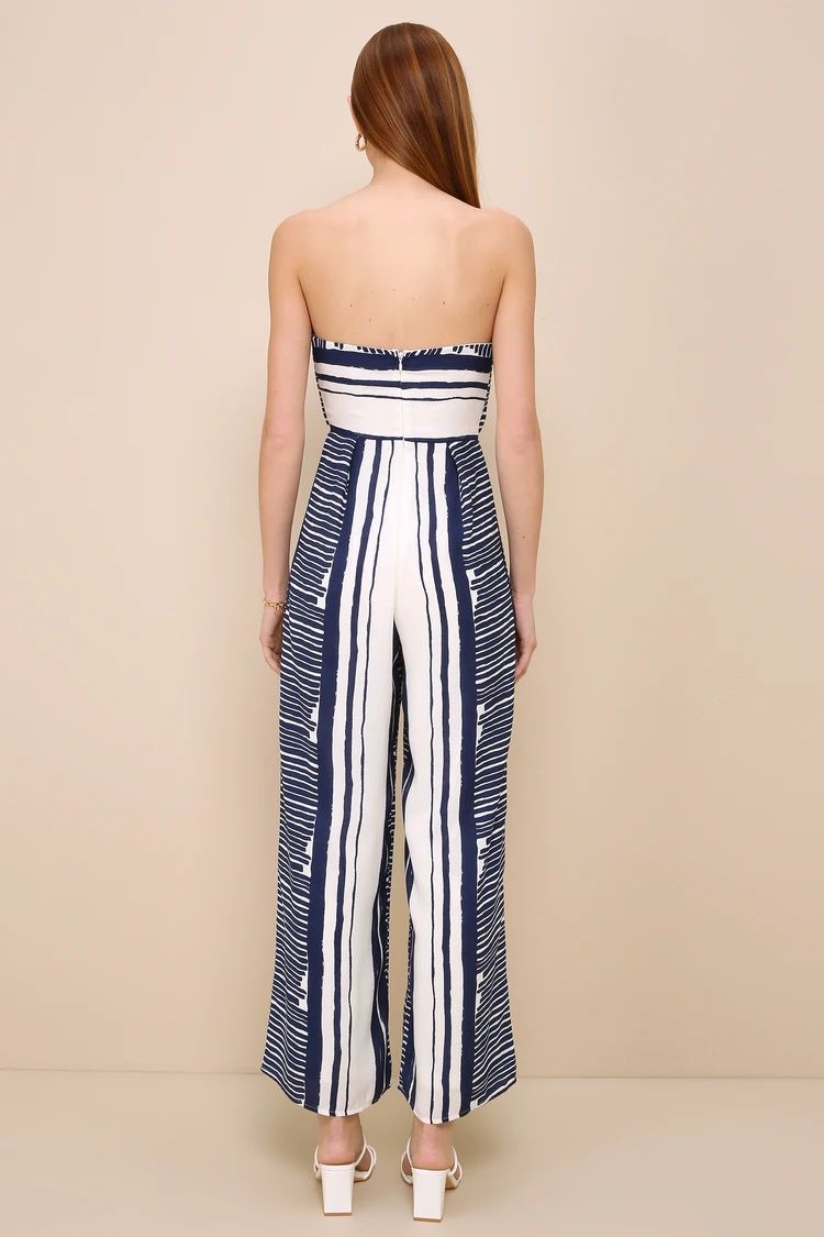 Delphi Blue and White Striped Tie-Front Strapless Jumpsuit | Lulus