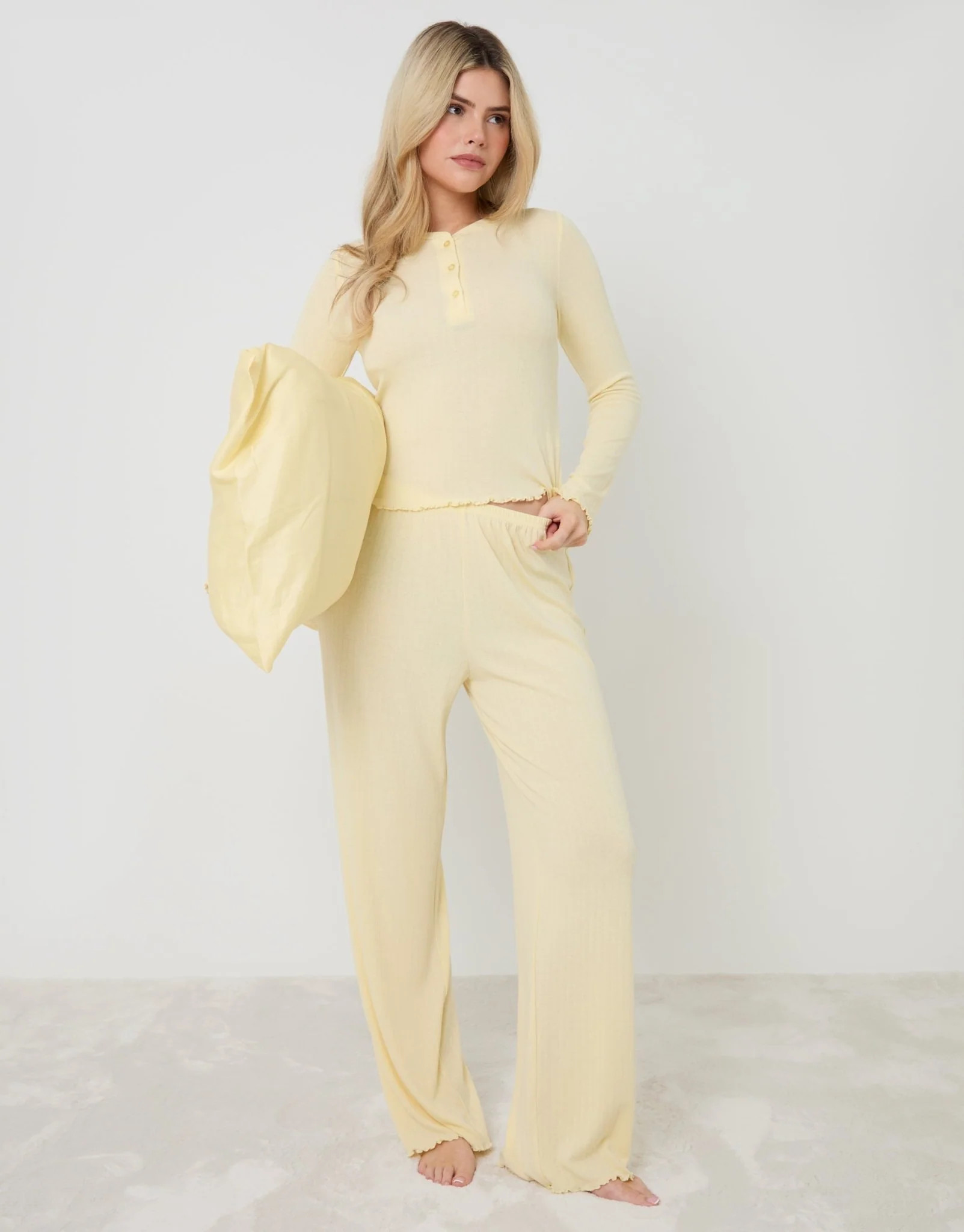 Pointelle Long Sleeve Henley Pyjama Set in Yellow | Threadbare UK
