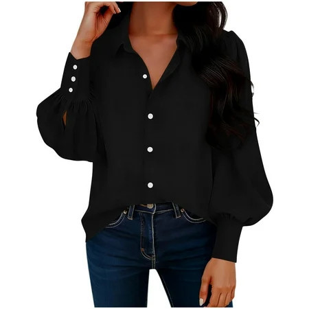 Womens Black Puff Sleeve Button Up Shirt - Loose Fit Long Sleeve Collared Blouse for Casual & Office Wear Size S | Walmart (US)