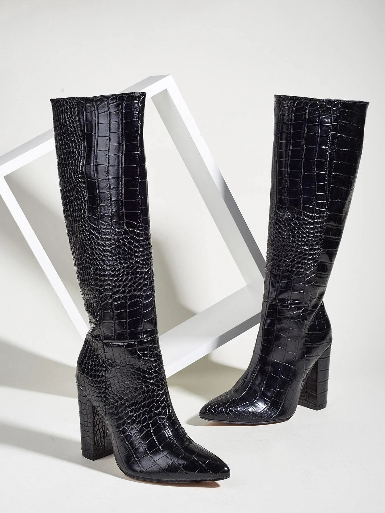 Point Toe Croc Embossed Chunky Heeled Mid Calf Boots | SHEIN