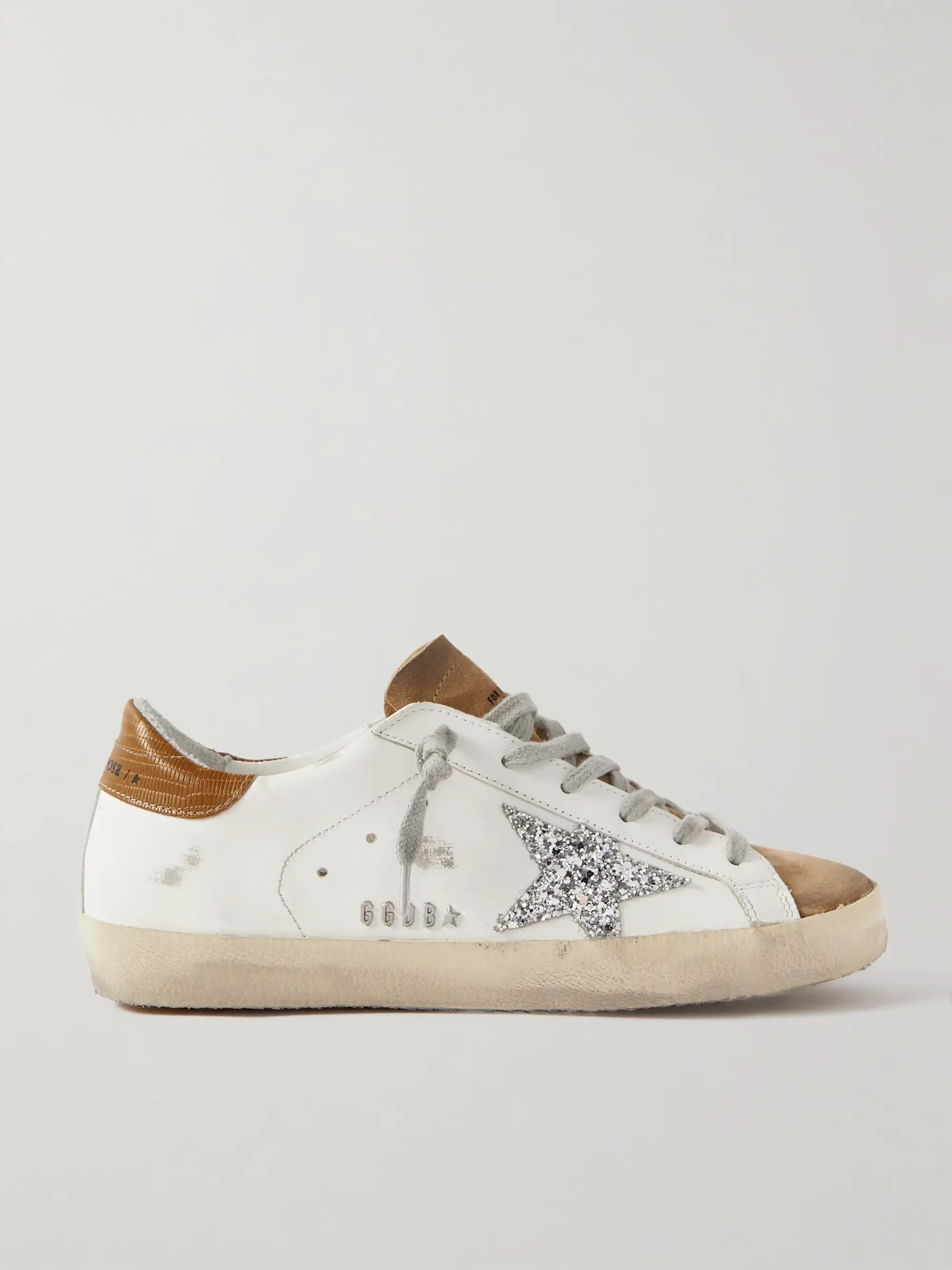 Superstar glittered distressed leather and suede sneakers | NET-A-PORTER (US)