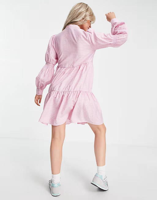 Y.A.S Petite tiered mini shirt dress in pink check | ASOS (Global)