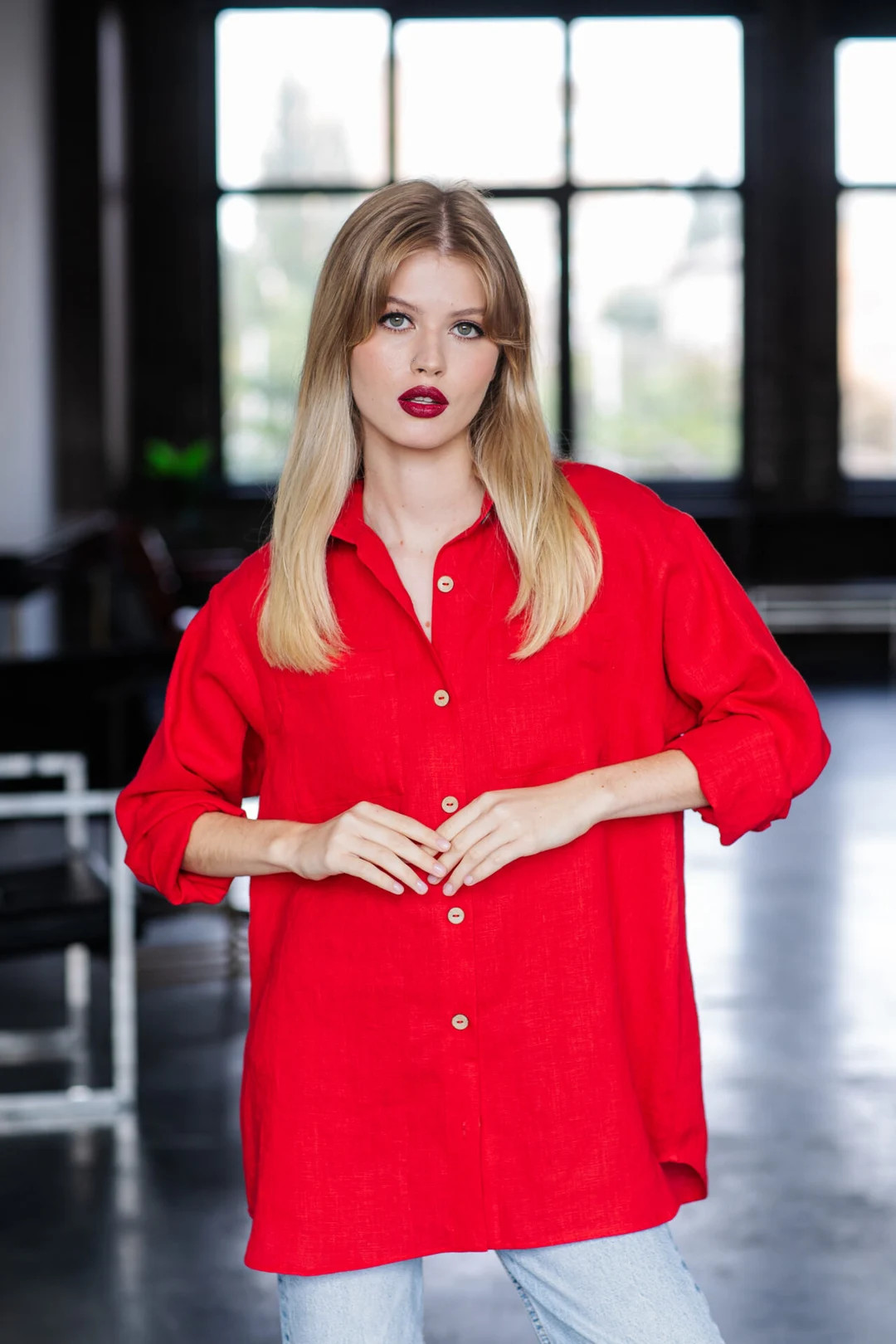 Red Linen Shirt/blouse, Washed Linen Tunic, Casual Linen Shirt, Linen Blouse, Women Linen Clothin... | Etsy (US)