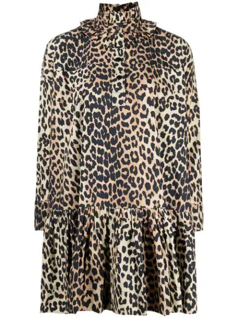 GANNI ruffled-neck Leopard Dress - Farfetch | Farfetch (US)