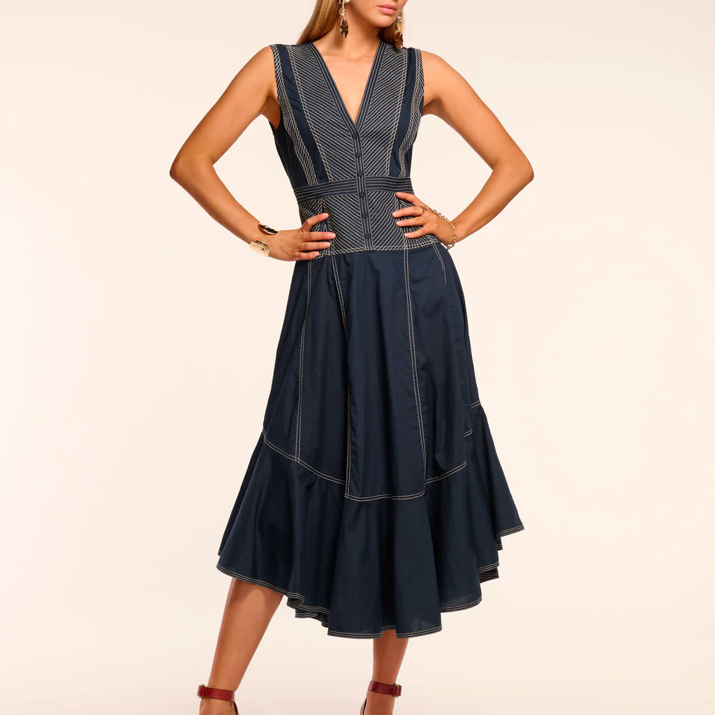 Grega Cotton Poplin V-Neck Midi Dress | Ramy Brook