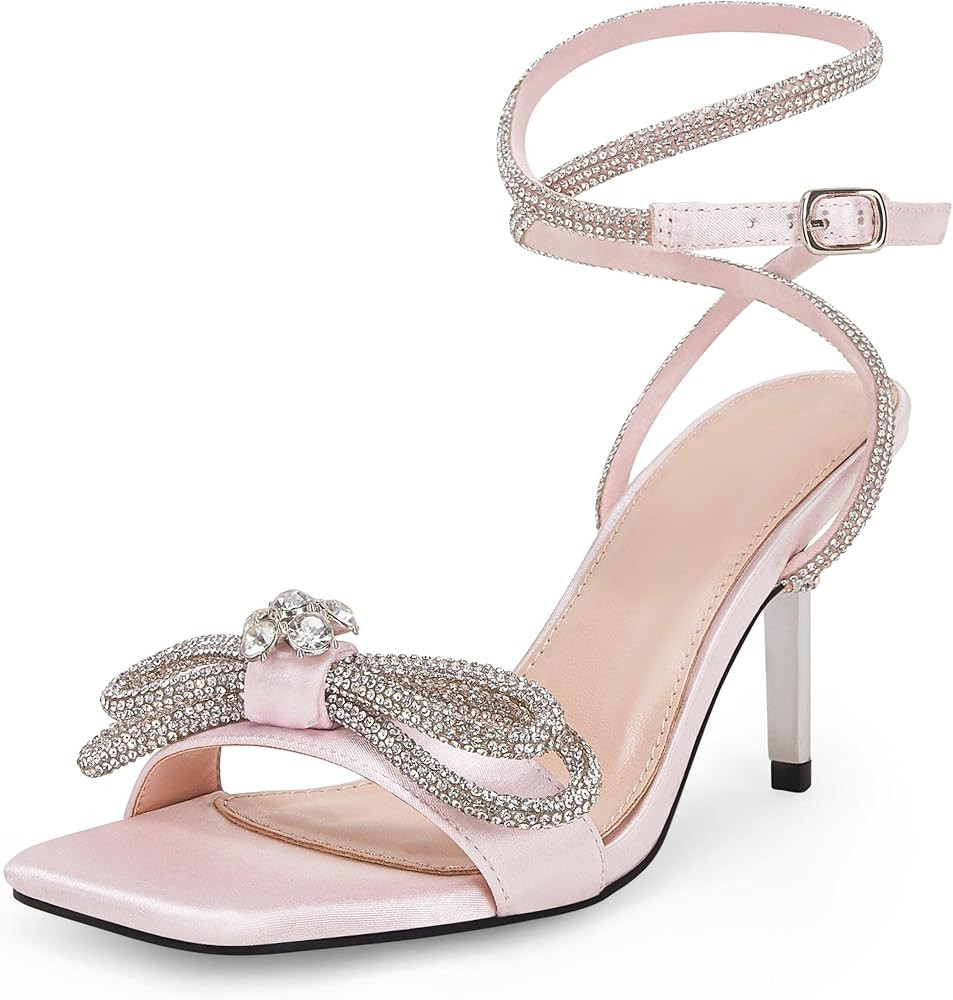 Coutgo Womens Rhinestone Bow Heels Sandals Strappy Lace Up Stiletto Satin Pumps Wedding Dress Shoes | Amazon (US)