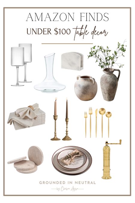 Amazon Table Decor for Under $100! I love these ceramic vases and travertine coasters. The Matte Gold Silverware Set  and the Iron Tapered Candle Holders are the perfect accents to this table layout. The wine decanter and fluted wine glasses are charming finishing touches. 

#LTKFindsUnder100 #LTKHome #LTKStyleTip