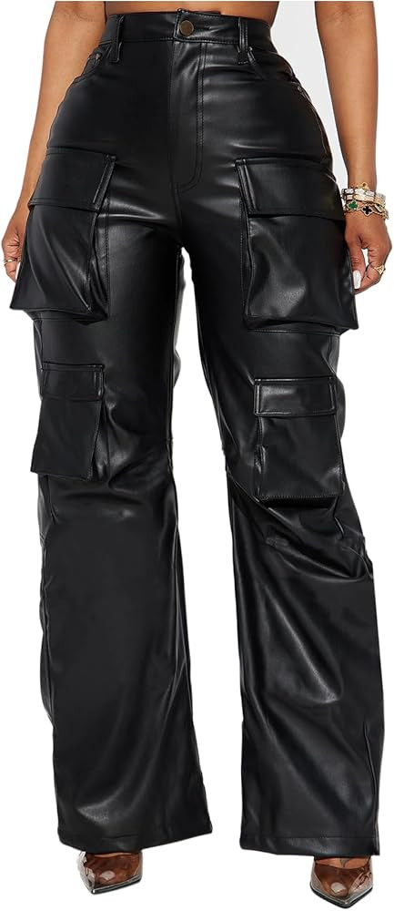 Women's Faux Leather Cargo Pants Baggy High Waist Wide Leg Y2K Trousers with 6 Pockets | Amazon (US)