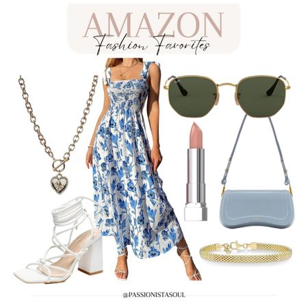 Amazon Trendy Outfit Inspiration #FloralDress #BluePurse #Sunglasses #Heels #Guess #SummerOutfit

#LTKshoecrush #LTKstyletip #LTKitbag