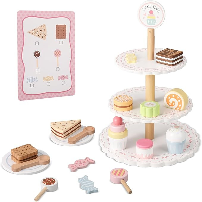 Wooden Dessert Stand Playset, Wooden Play Cake Food Set Toys for Kids Toddlers, Play Kitchen Acce... | Amazon (US)
